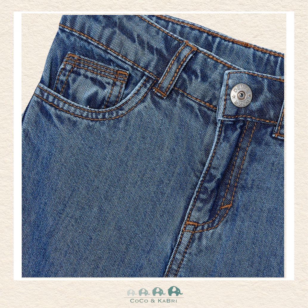 close up view of Mayoral Girls Relaxed Wide Leg Denim showing the comfortable, fluid drape | Canada