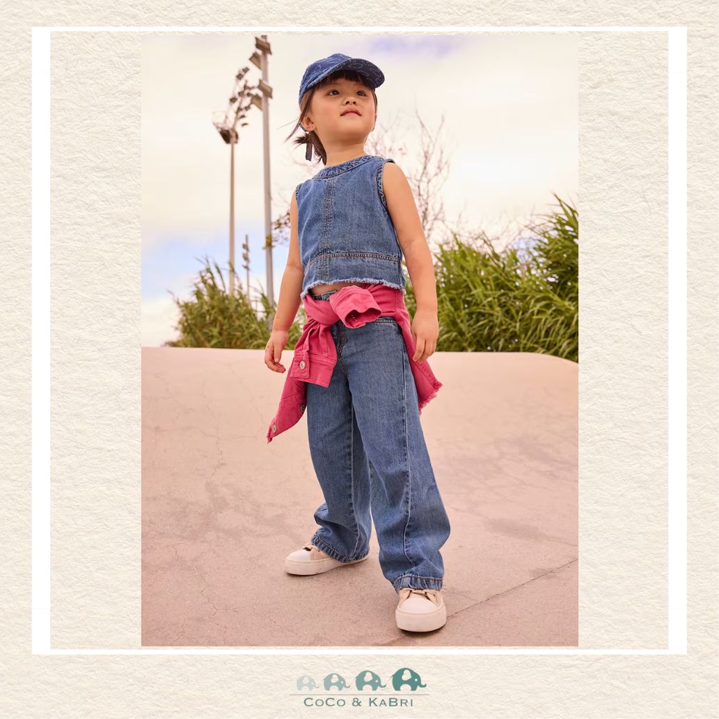 Mayoral Girls Relaxed Wide Leg Denim on model showing the modern loose fit and dark wash | Canada