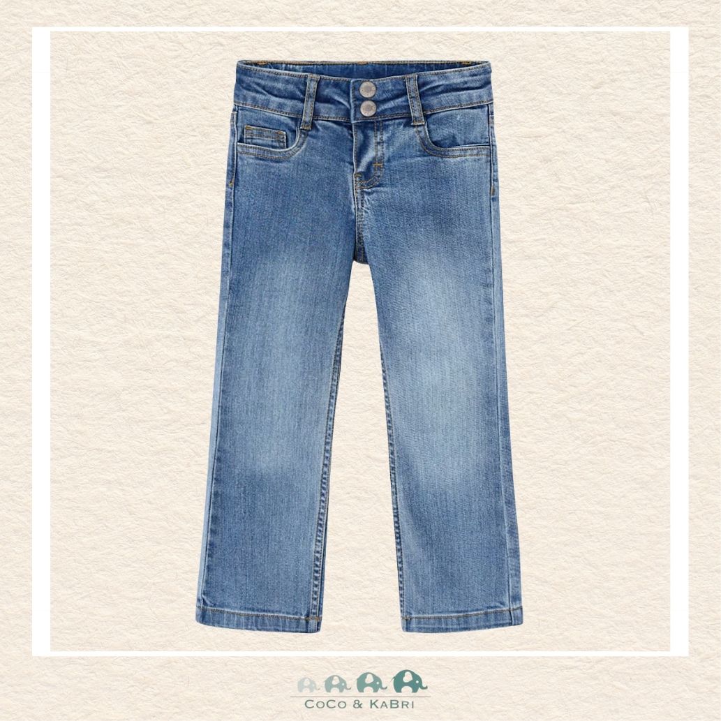 Front view of Mayoral girls flared denim pants in a soft cotton-stretch blend for sizes 2-10 | Canada