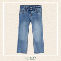 Front view of Mayoral girls flared denim pants in a soft cotton-stretch blend for sizes 2-10 | Canada