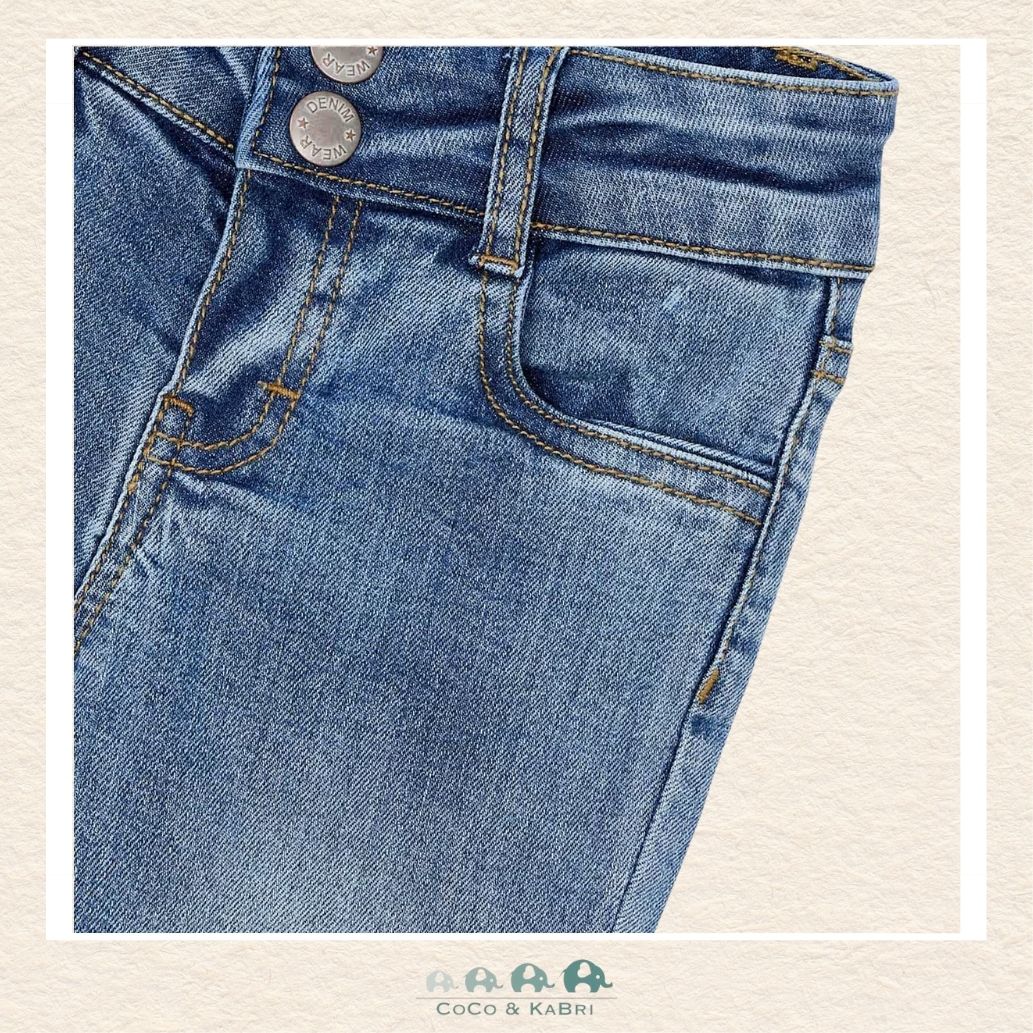 Close-up of Mayoral flared denim fabric showing the authentic texture and durable cotton weave | Canada