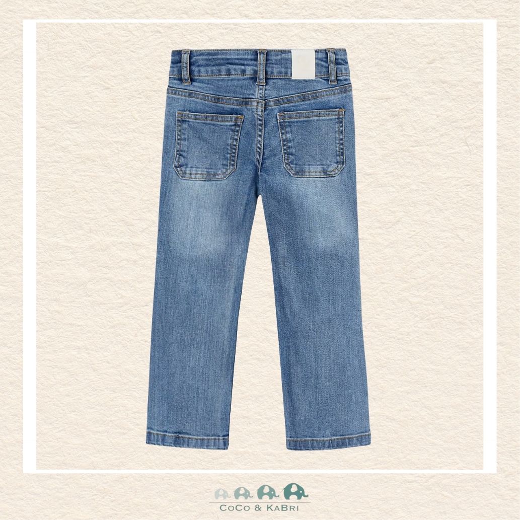 Back view of Mayoral girls flared denim pants showing the high-quality stitching and classic pocket detail | Canada