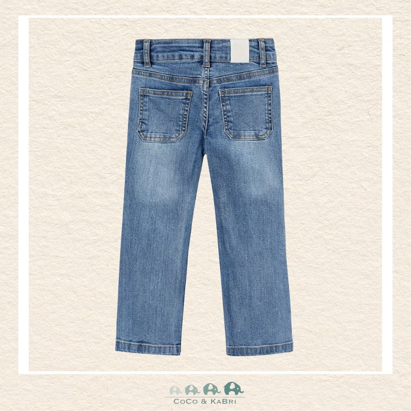 Back view of Mayoral girls flared denim pants showing the high-quality stitching and classic pocket detail | Canada
