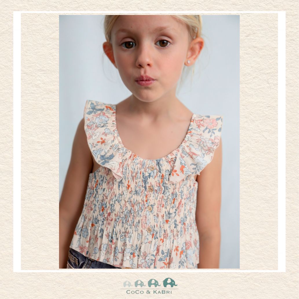 Mayoral Girls Salmon and Blue Floral Top on model showing the cheerful print and comfortable fit | Canada