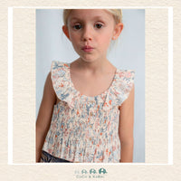 Mayoral Girls Salmon and Blue Floral Top on model showing the cheerful print and comfortable fit | Canada