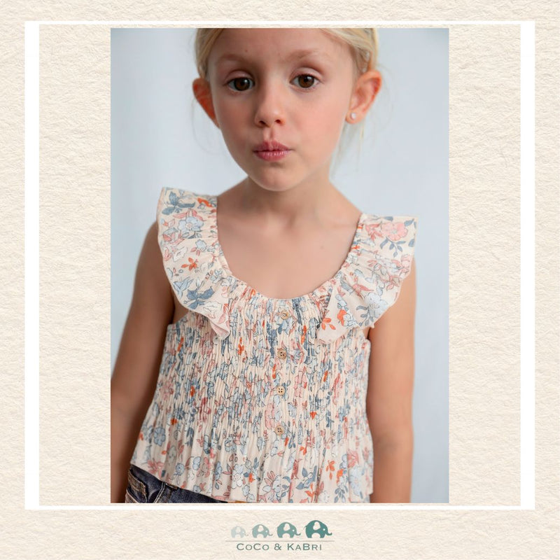 Mayoral Girls Salmon and Blue Floral Top on model showing the cheerful print and comfortable fit | Canada
