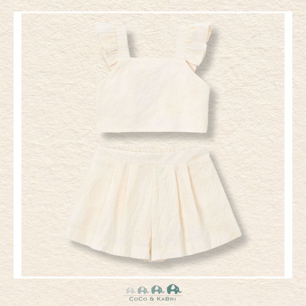 Front view of Mayoral girls 2-piece summer set featuring a soft 100% cotton lining for sizes 2-10 | Canada