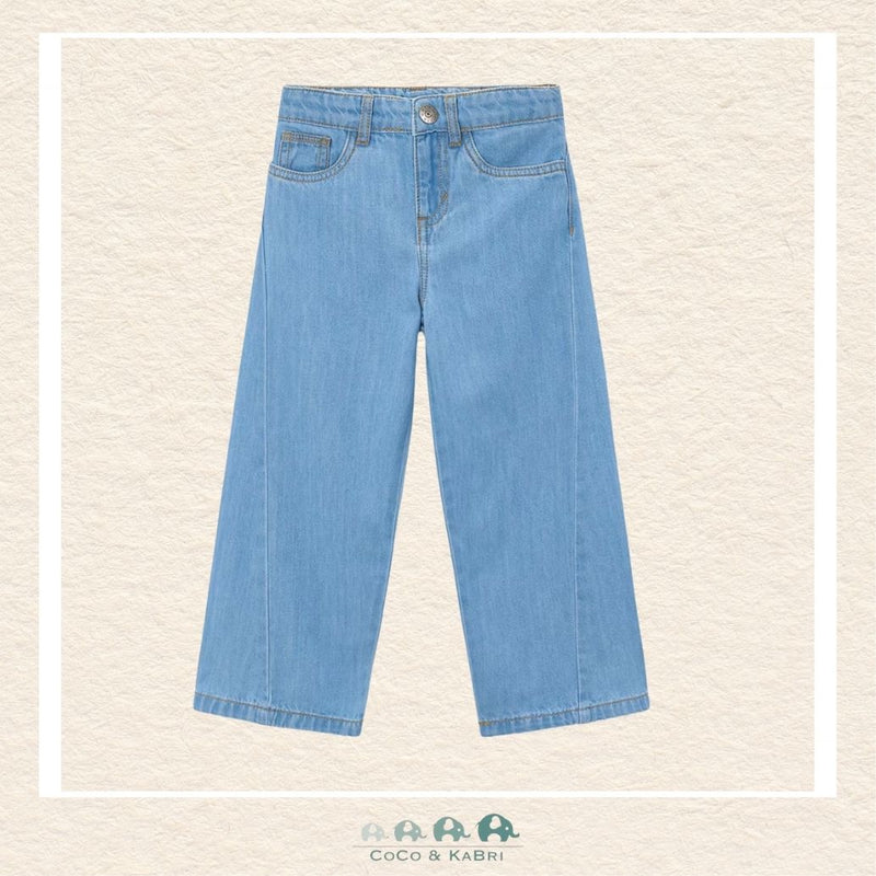 Front view of Mayoral girls wide leg jeans featuring an adjustable waistband and classic five-pocket styling | Canada