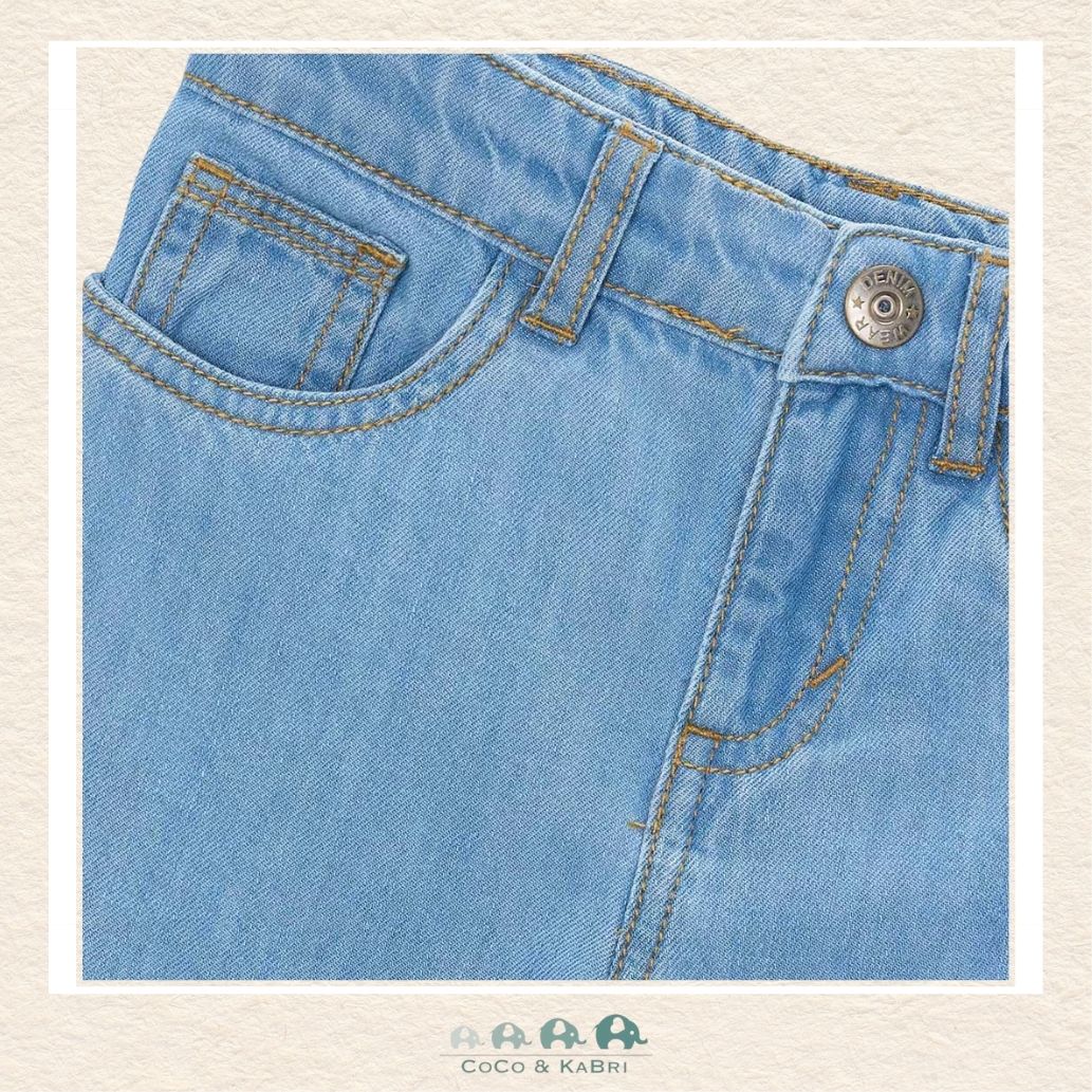 Close-up of Mayoral wide leg denim showing the soft stretch fabric and authentic indigo fading | Canada