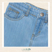 Close-up of Mayoral wide leg denim showing the soft stretch fabric and authentic indigo fading | Canada