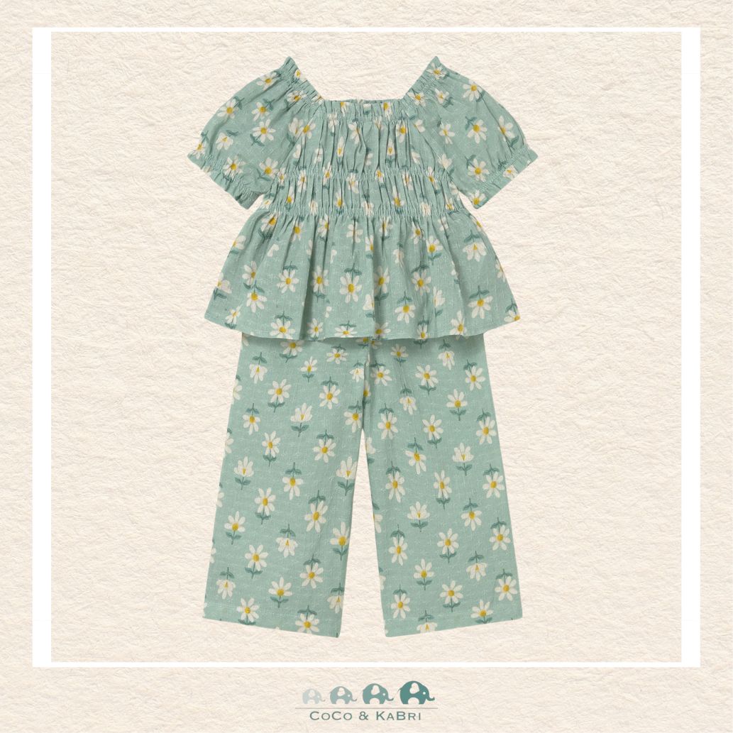 Front view of Mayoral girls floral outfit featuring a green and yellow floral top and matching bottoms for sizes 6M-4Y | Canada