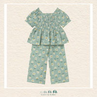 Front view of Mayoral girls floral outfit featuring a green and yellow floral top and matching bottoms for sizes 6M-4Y | Canada