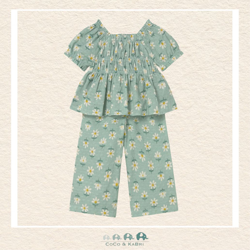 Front view of Mayoral girls floral outfit featuring a green and yellow floral top and matching bottoms for sizes 6M-4Y | Canada