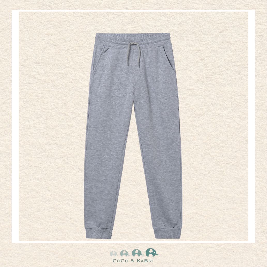 Front view of Mayoral boys heather gray jogging pants featuring a durable cotton-stretch blend for sizes 8-18 | Canada