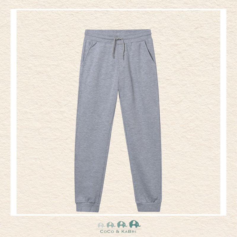 Front view of Mayoral boys heather gray jogging pants featuring a durable cotton-stretch blend for sizes 8-18 | Canada