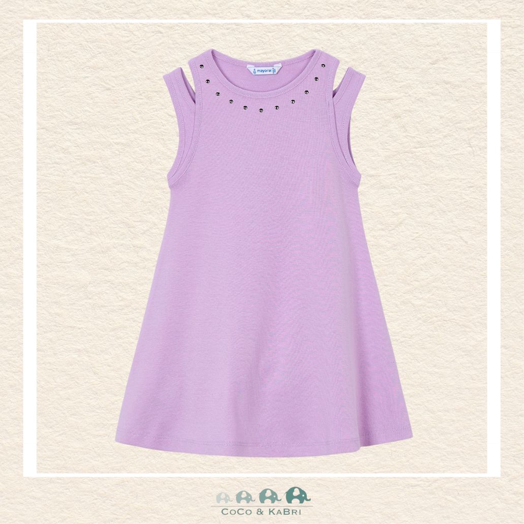 Front view of Mayoral girls 100% cotton lilac dress featuring metallic studded collar detail | Canada