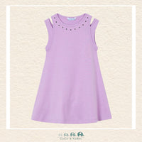 Front view of Mayoral girls 100% cotton lilac dress featuring metallic studded collar detail | Canada