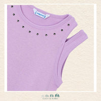 Close-up of Mayoral lilac dress showing the premium cotton texture and bold metallic studs on the collar | Canada