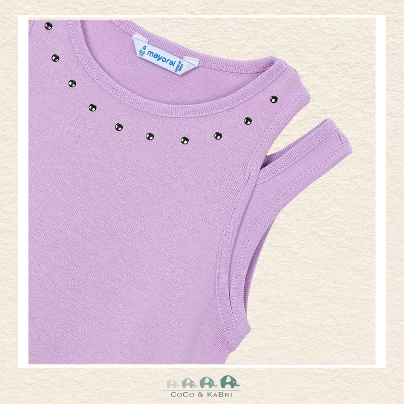 Close-up of Mayoral lilac dress showing the premium cotton texture and bold metallic studs on the collar | Canada