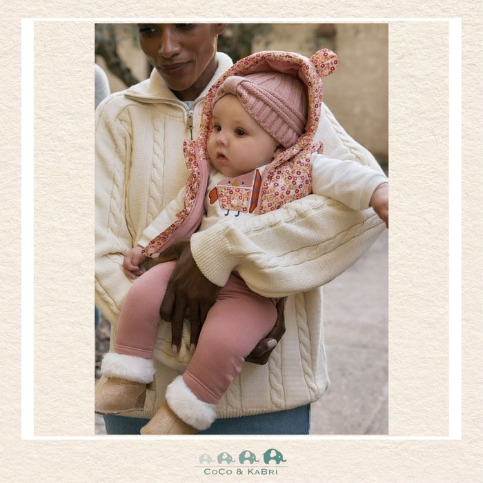 Mayoral Newborn Girl 3-piece set on infant featuring the floral hooded vest with appliqued ears and matching bird-graphic hoodie | Canada
