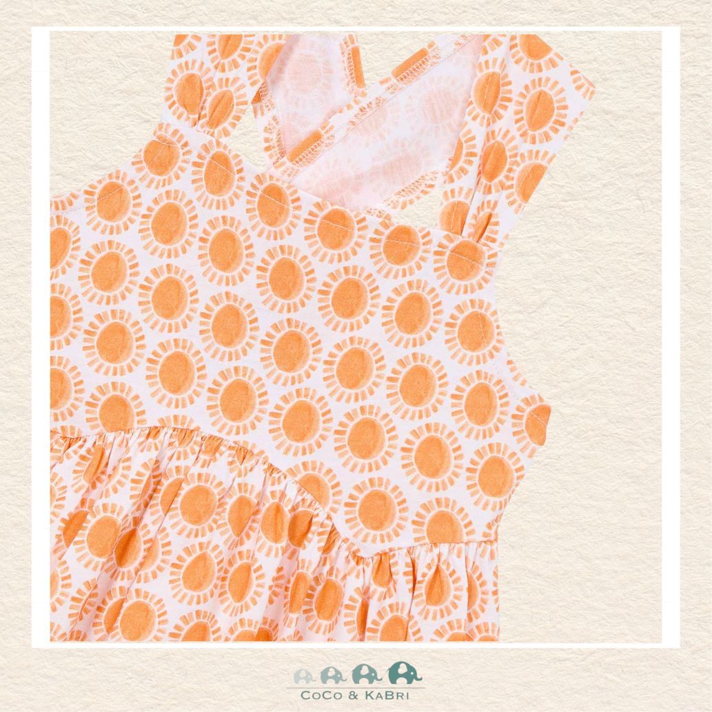 Close-up of Mayoral orange patterned fabric showing the vibrant citrus print and premium cotton texture | Canada