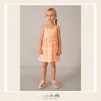 Mayoral Girls Orange Patterned Dress on model showing the cheerful, playful silhouette | Canada