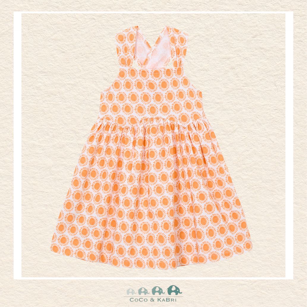 Front view of Mayoral girls 100% cotton orange patterned dress in sizes 2-10 | Canada