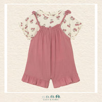 Front view of Mayoral girls 2-piece overall set featuring a vibrant cherry-themed tee for sizes 6M-4 | Canada