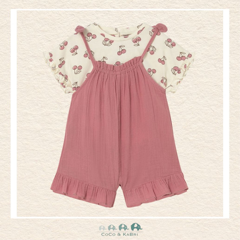 Front view of Mayoral girls 2-piece overall set featuring a vibrant cherry-themed tee for sizes 6M-4 | Canada