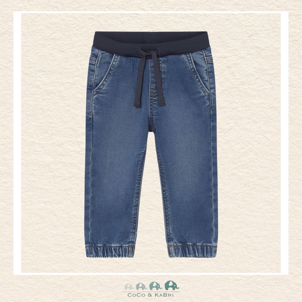 Front view of Mayoral boys denim joggers featuring a soft-stretch cotton blend for sizes 6M-4 | Canada