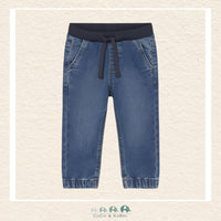 Front view of Mayoral boys denim joggers featuring a soft-stretch cotton blend for sizes 6M-4 | Canada