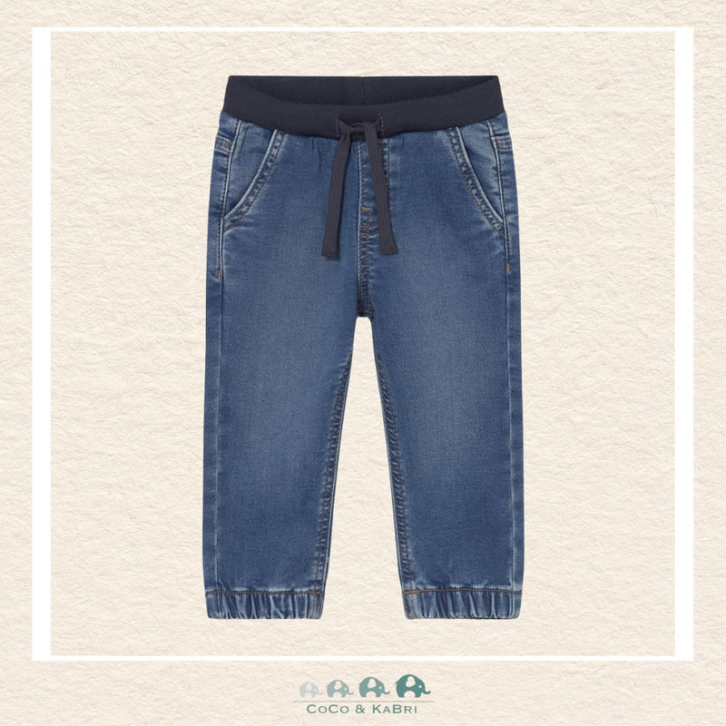 Front view of Mayoral boys denim joggers featuring a soft-stretch cotton blend for sizes 6M-4 | Canada