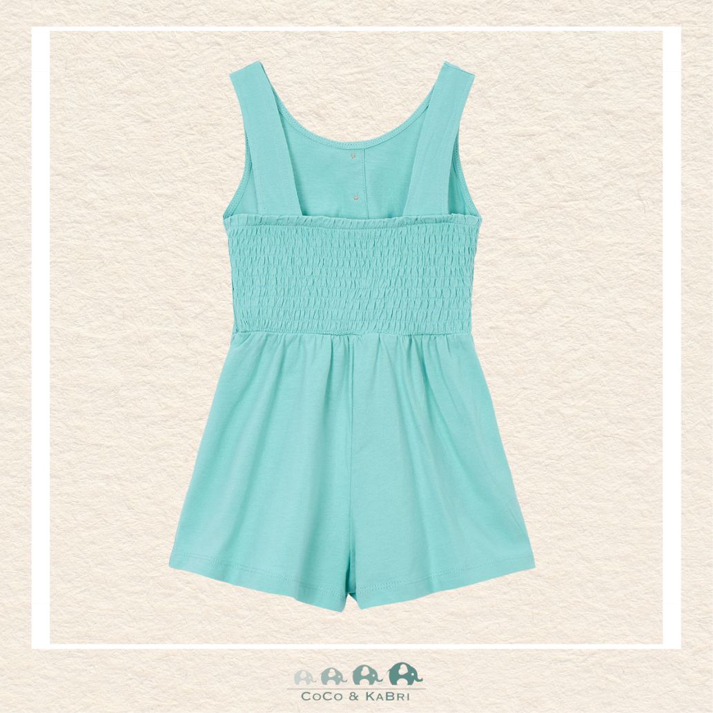 Back view of Mayoral girls teal romper showing the high-quality stitching and durable construction | Canada