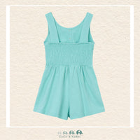 Back view of Mayoral girls teal romper showing the high-quality stitching and durable construction | Canada
