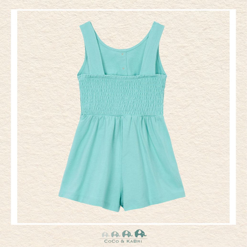 Back view of Mayoral girls teal romper showing the high-quality stitching and durable construction | Canada