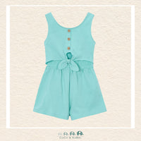 Front view of Mayoral girls 100% cotton teal romper in a vibrant, versatile hue for sizes 2-10 | Canada
