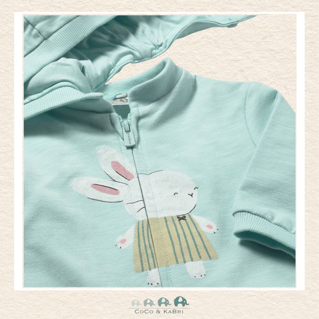 Close-up of Mayoral baby fabric showing the soft cotton texture and playful bunny-themed details on the blue hoodie | Canada