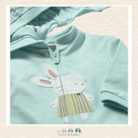 Close-up of Mayoral baby fabric showing the soft cotton texture and playful bunny-themed details on the blue hoodie | Canada