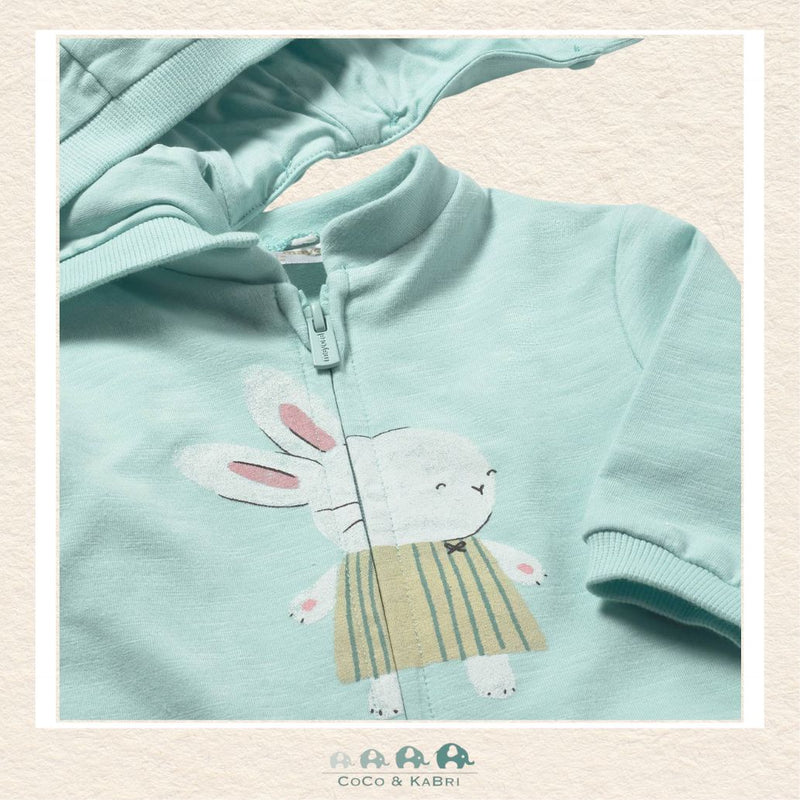 Close-up of Mayoral baby fabric showing the soft cotton texture and playful bunny-themed details on the blue hoodie | Canada