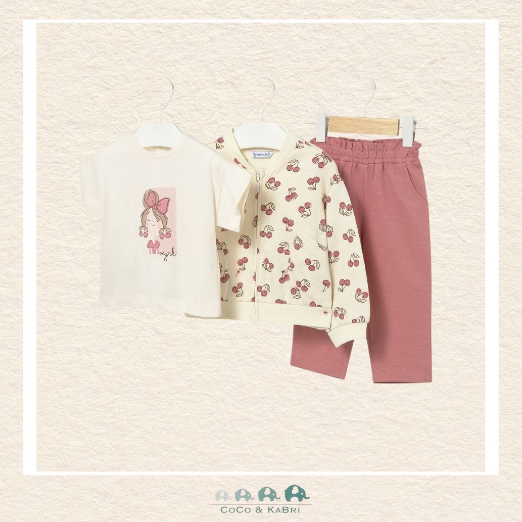 Front view of Mayoral girls 3-piece set featuring a 100% cotton tee and trousers with a flexible sweatshirt for sizes 6M-4 | Canada