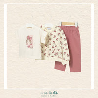 Front view of Mayoral girls 3-piece set featuring a 100% cotton tee and trousers with a flexible sweatshirt for sizes 6M-4 | Canada