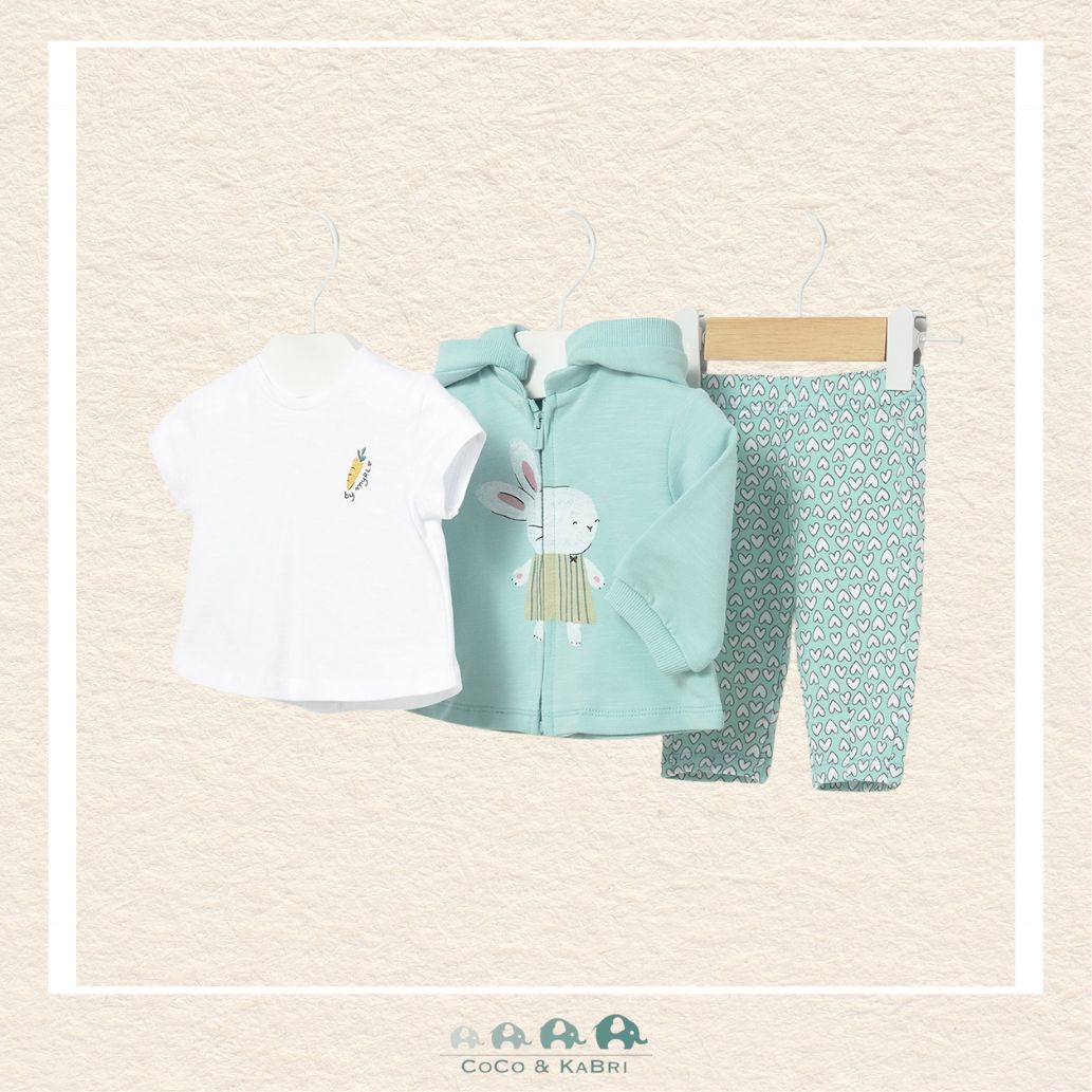 Front view of Mayoral baby 3-piece set featuring a blue bunny-inspired zip hoodie and matching patterned pants for sizes 2-18M | Canada
