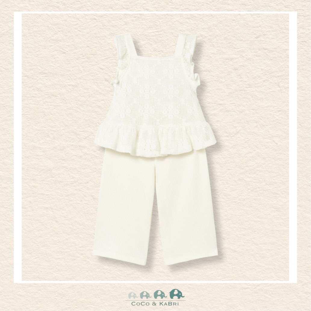 Front view of Mayoral boys 2-piece set featuring a neutral-toned top and long trousers for sizes 6M-4 | Canada