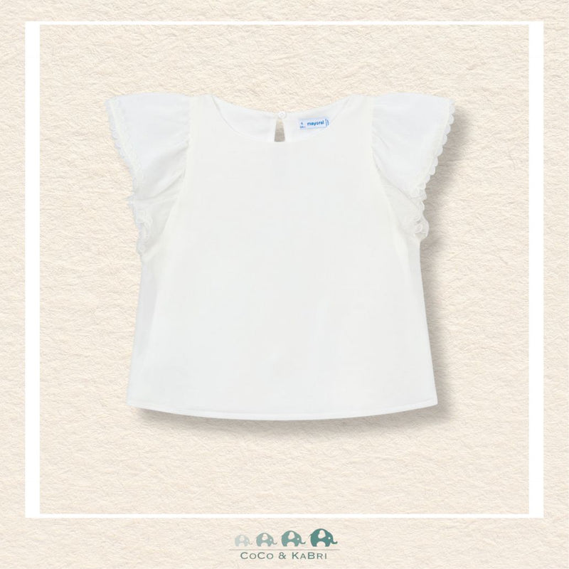 Front view of Mayoral girls crisp white gauze blouse featuring a soft interior lining for sizes 2-10 | Canada