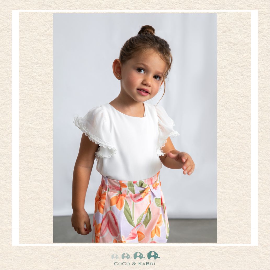 Mayoral Girls White Gauze Blouse on model showing the elegant, airy silhouette and textured finish | Canada