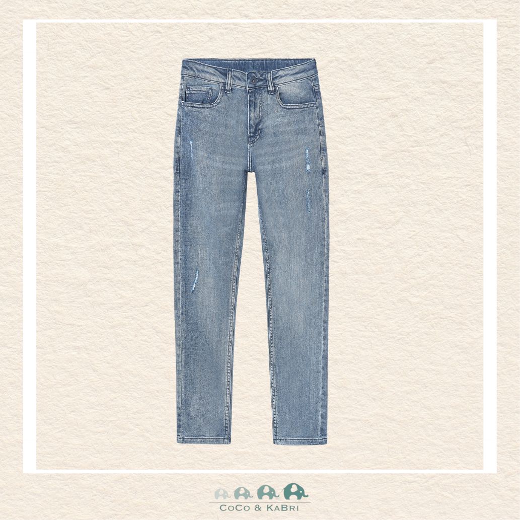 Front view of Mayoral boys straight leg denim with comfortable active stretch, sizes 8-18 | Canada