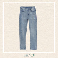 Front view of Mayoral boys straight leg denim with comfortable active stretch, sizes 8-18 | Canada
