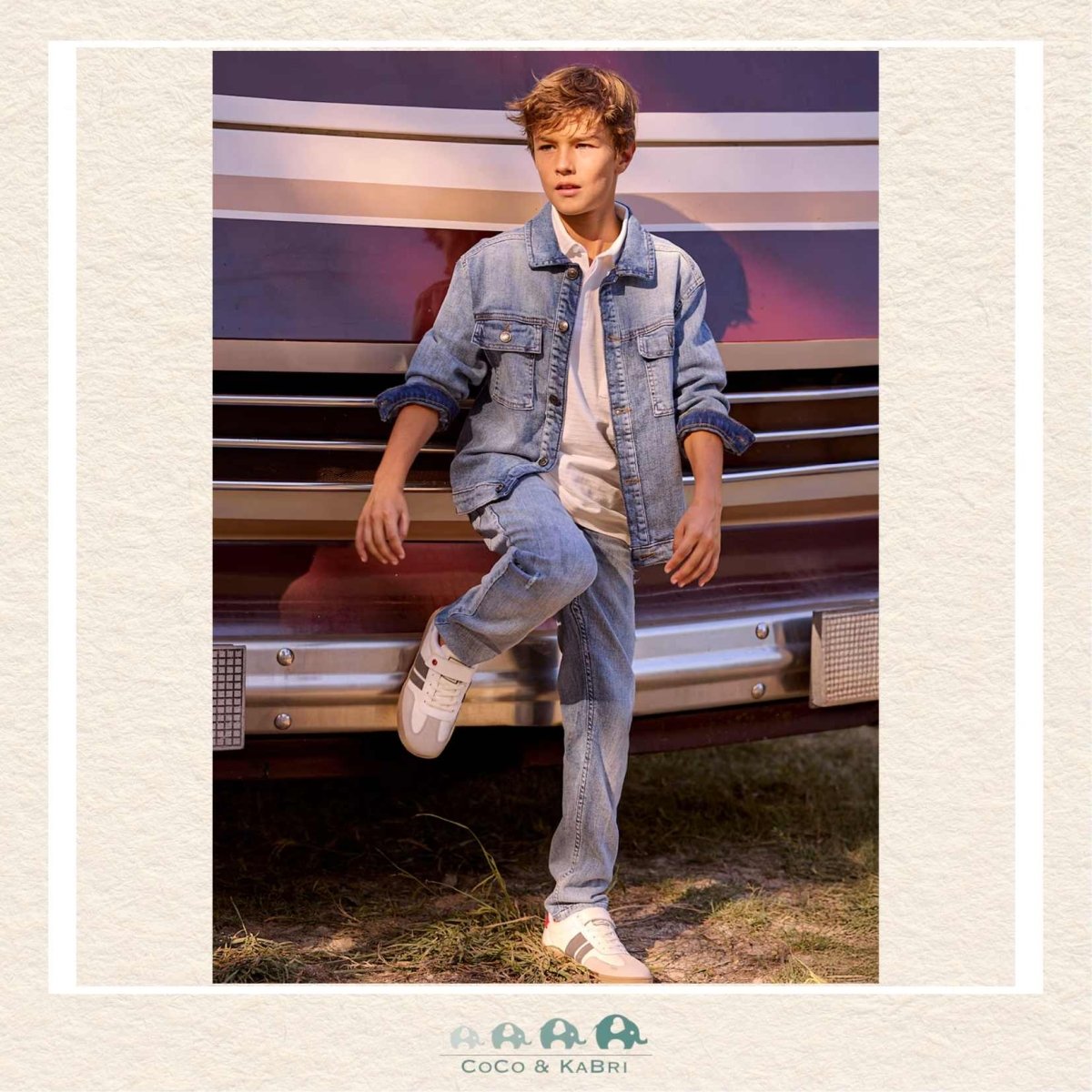 Mayoral Youth Boys Straight Leg Jeans in light wash on model showing the classic fit | Canada