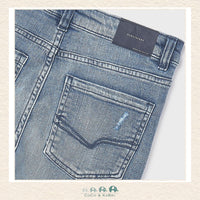 Close-up of Mayoral denim fabric showing the rugged cotton blend and light-blue wash | Canada