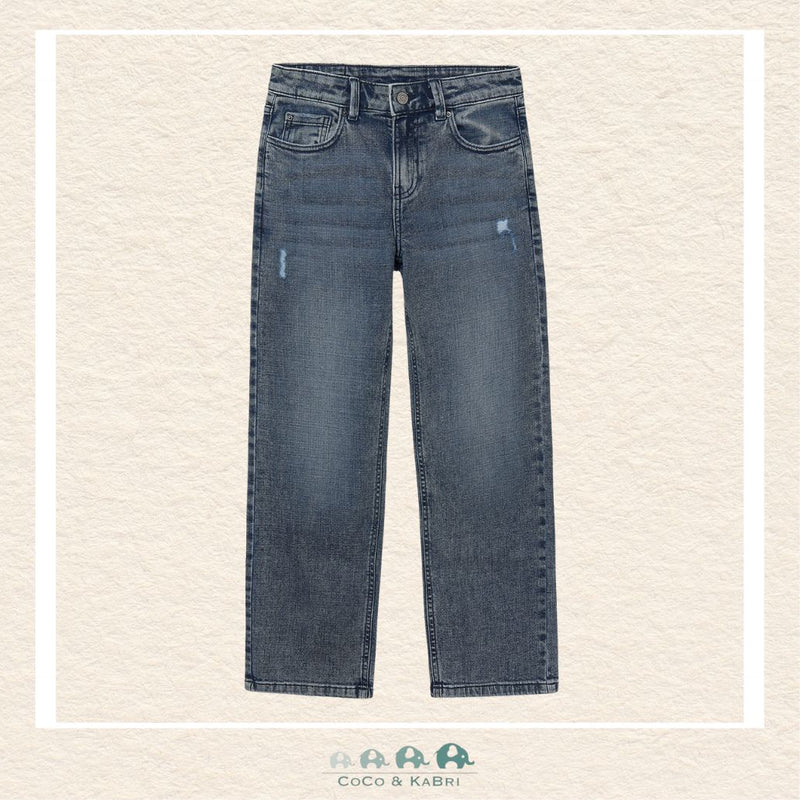 Front view of Mayoral youth boys wide-leg jeans featuring a vintage dirty blue wash and durable high-grade denim | Canada